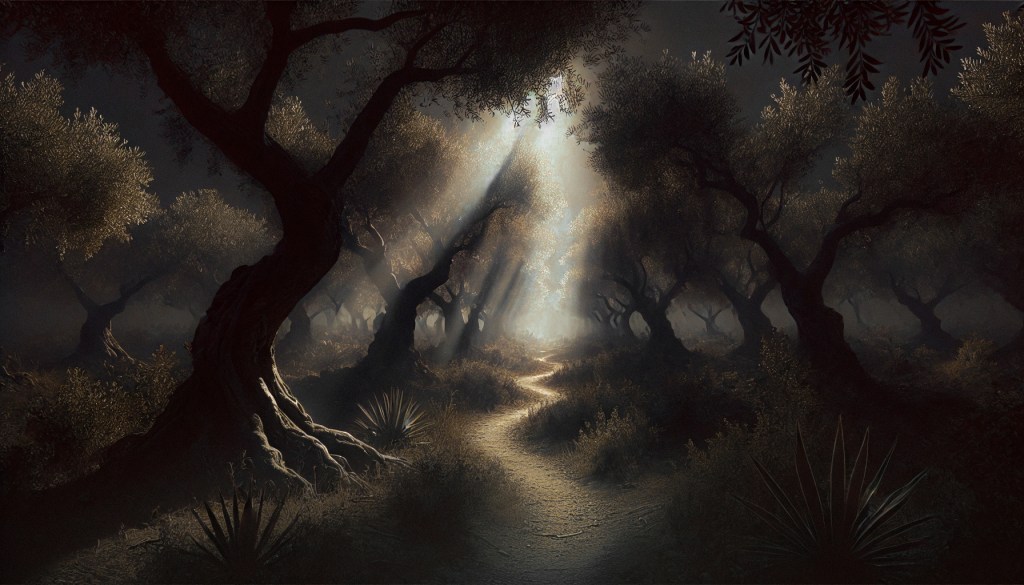 A dark garden full of olive trees with a dirt path running through it. An ethereal warm ray of light coming from the sky off in the distance along the dirt path.